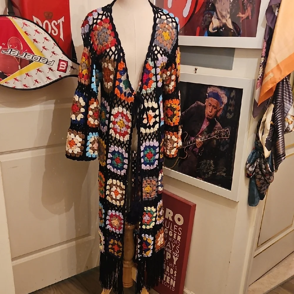 Colorful Crochet Open-Front Long Maxi Hand Crafted Cardigan - Picture 1 of 10